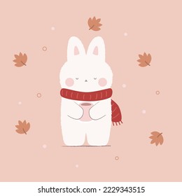 Kawaii rabbit with cup of coffee in his hands. Cute bunny character on yellow background with leaves.  Autumn card. Stock vector illustration, eps 10