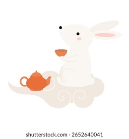 Kawaii rabbit drinking tea on a cloud, teapot, teacup isolated on transparent. Flat vector illustration. Cute cartoon character. Mid Autumn Festival, Tsukimi, Chuseok design element, holiday clip art