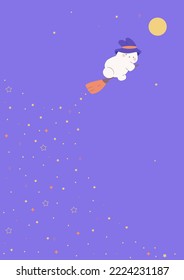 Kawaii rabbit flies on a broom to the moon. Cute bunny character on blue background. Flat design. Stock vector illustration