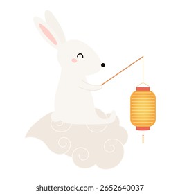 Kawaii rabbit holding Chinese lantern on a cloud isolated on transparent. Flat vector illustration. Cute cartoon character. Mid Autumn Festival, Tsukimi, Chuseok design element, holiday clip art