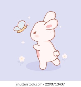 Kawaii rabbit playing with butterfly. Vector Illustration of cute animals in pastel colors and cartoon style