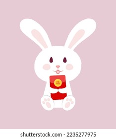 Kawaii rabbit sitting pose holding red envelope money packet illustration vector.