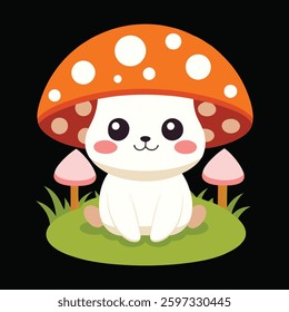 kawaii rabbit under mushroom vector art illustrations.