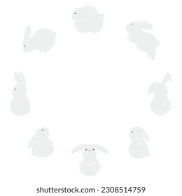 Kawaii rabbits, bunnies, hares round frame. Hand drawn cute cartoon animal character illustration. Flat style design, isolated vector. Mid Autumn Festival, Easter print element, Chinese zodiac