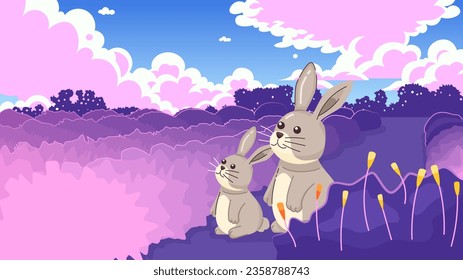 Kawaii rabbits cute chill lo fi wallpaper. Bunnies sitting on grass, looking on sky. Pretty animals 2D vector cartoon characters illustration, lofi anime background. 90s kawaii aesthetic, dreamy vibes