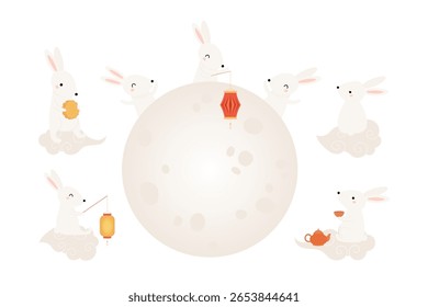 Kawaii rabbits, full moon, mooncake, Chinese lantern, isolated on transparent. Hand drawn flat vector illustration. Cute cartoon characters. Mid Autumn Festival design elements collection, clip art