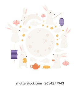 Kawaii rabbits, full moon, mooncake, Chinese lantern, isolated on transparent. Hand drawn flat vector illustration. Cute cartoon characters. Mid Autumn Festival design elements collection, clip art