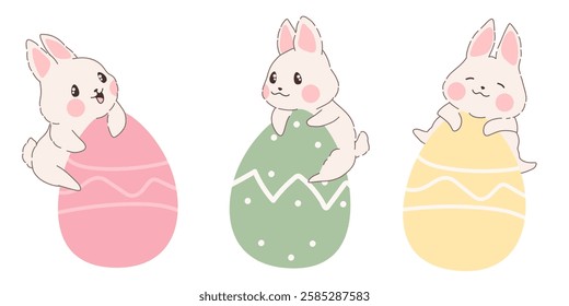 Kawaii rabbits sitting on colorful Easter eggs vector set. Hand drawn cartoon illustrations. Ideal for greeting cards, stickers, gift wrapping, children’s products and social media
