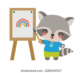 Animal de mapache de Kawaii. Dibujo de artista de mapache con pincel de pintura y caballete. Signo de asignatura de la escuela de arte. Un gracioso mapache de dibujos animados de un estudiante. Kawaii animal sujetando cepillo parado al lado del caballete y