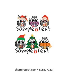 Kawaii raccoons in Christmas masquerade outfits. Object isolated on white background. Vector Christmas element for design. Cartoon art for holiday banners, logo, emblems