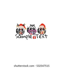 Kawaii raccoons in Christmas masquerade outfits. Object isolated on white background. Vector Christmas element for design. Cartoon art for holiday banners, logo, emblems 