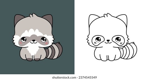 Kawaii Racoon for Coloring Page and Illustration. Adorable Clip Art Raccoon. Cute Vector Illustration of a Kawaii Forest Animal for Stickers, Prints for Clothes, Baby Shower. 