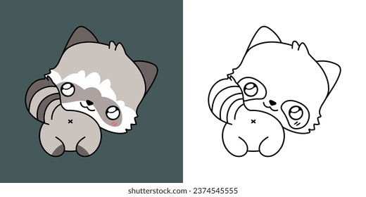 Kawaii Racoon Multicolored and Black and White. Beautiful Isolated Raccoon. Funny Vector Illustration of a Kawaii Forest Animal for Prints for Clothes, Stickers, Baby Shower. 