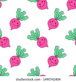 Kawaii Radish Seamless Pattern on White Background