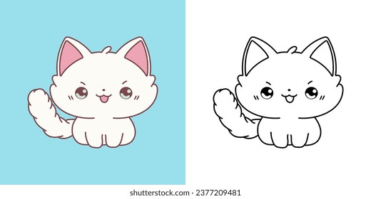 Kawaii Ragdoll Kitty for Coloring Page and Illustration. Adorable Clip Art Kitten. Cute Vector Illustration of a Kawaii Baby Pet for Stickers, Prints for Clothes, Baby Shower. 