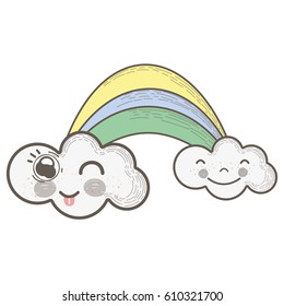 kawaii rainbow with clouds with faces expression
