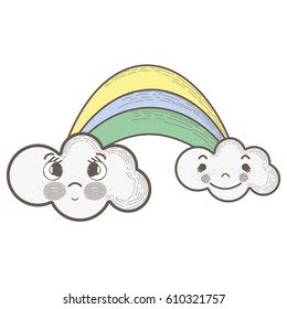 kawaii rainbow with clouds with faces expression