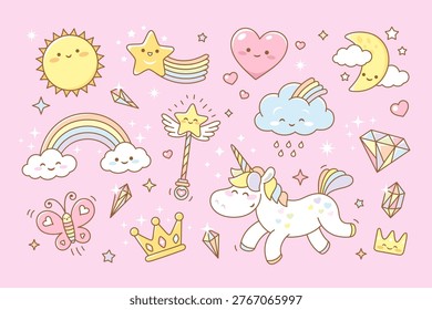 Kawaii rainbow elements. Cute unicorn, star, cloud with rainbows, magic wand and crystals. Diamond, crown and butterfly, colorful girly tidy vector set