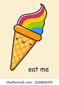 Kawaii rainbow ice cream. Postcard Eat me. Vector illustration.