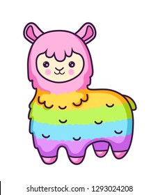 Kawaii rainbow llama. Alpaca. Cute cartoon character. Vector illustration.