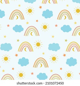 El arcoiris Boho es un patrón sin fisuras con nubes, sol y estrellas en fondo blanco. Textura de tela para niños escandinavos para tela, papel de envoltura, pared de vivero, habitación para niños y papel tapiz 
