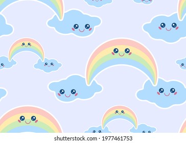 Kawaii rainbow smile face emoji blue cloud vector kids seamless pattern illustrations. Kawaii smiling emoji of rainbow and cloud sky objects. Baby design.