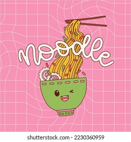 Personaje de fideos de comida para el tazón de Kawaii ramen. Fondo retro con mascota de comida japonesa asiática. Perfecto para la impresión o el diseño de camisetas. Ilustración de contorno de vector dibujada a mano con letra palabra fideo.