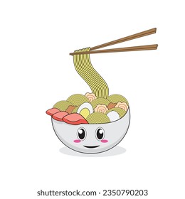 Kawaii ramen bowl japanese food noodles. illustration vector graphic. Retro background with animal. Perfect for print or tshirt design. Translation: "Ramen."