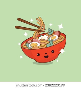 Kawaii ramen bowl sobre fideos de comida japoneses caricatura vectorial ilustración plana