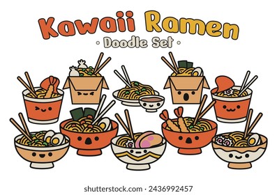 Kawaii Ramen Doodle Conjunto de vectores