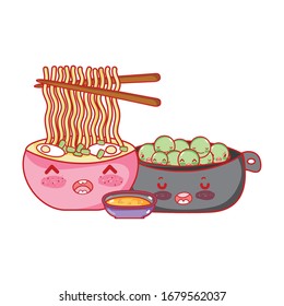 kawaii ramen noodles peas and sauce food japanese cartoon vector illustration sushi and rolls