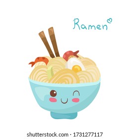 Kawaii Ramen Noodles vector character isolated on white background. Funny smiling noodle soup in ceramic bowl with chopsticks. Cute yummy asian food mascot illustration. Kids menu concept. 