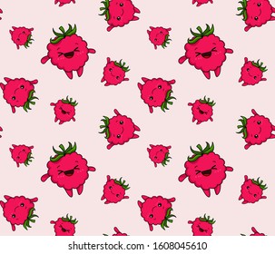 Kawaii raspberry seamless pattern fun cartoon vector illustration, cute summer berry smiling for poster, banner, icon, textile print, t-shirt, organic food, healthy fruit nutrition, nursery background