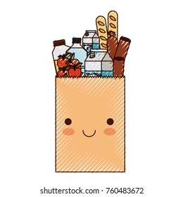 kawaii rectangular paper bag with foods sausage and bread apples and drinks orange juice and water bottle and milk carton in colored crayon silhouette