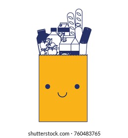 kawaii rectangular paper bag with foods sausage and bread apples and drinks orange juice and water bottle and milk carton in color sections silhouette