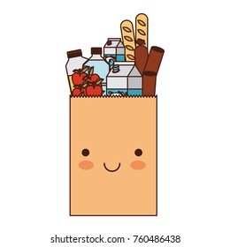 kawaii rectangular paper bag with foods sausage and bread apples and drinks orange juice and water bottle and milk carton in colorful silhouette