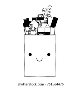 kawaii rectangular paper bag with foods sausage and bread apples and drinks orange juice and water bottle and milk carton in black dotted silhouette