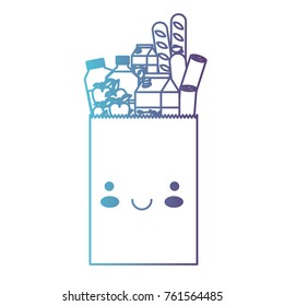 kawaii rectangular paper bag with foods sausage and bread apples and drinks orange juice and water bottle and milk carton in degraded blue to purple color contour