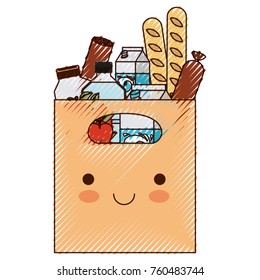kawaii rectangular paper bag with handle and foods sausage and bread apples and drinks orange juice and water bottle and milk carton in colored crayon silhouette