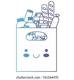 kawaii rectangular paper bag with handle and foods sausage and bread apples and drinks orange juice and water bottle and milk carton in degraded blue to purple color contour