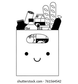 kawaii rectangular paper bag with handle and foods sausage and bread apples and drinks orange juice and water bottle and milk carton in black dotted silhouette