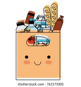 kawaii rectangular paper bag with handle and foods sausage and bread apples and drinks orange juice and water bottle and milk carton in watercolor silhouette