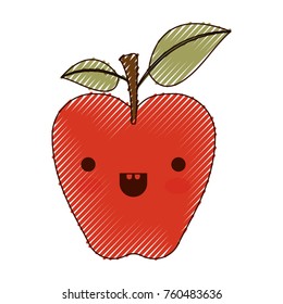 kawaii red apple with stem and leaves in colored crayon silhouette