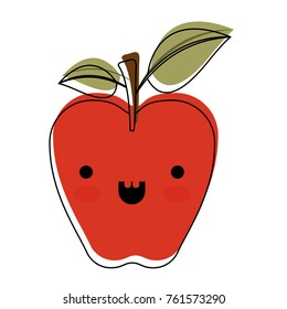 kawaii red apple with stem and leaves in watercolor silhouette