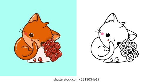 Kawaii Red Cat Clipart Multicolored and Black and White. Cute Kawaii Cat. Vector Illustration of a Kawaii Animal for Stickers, Prints for Clothes, Baby Shower, Coloring Pages.
