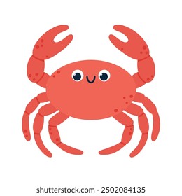 Kawaii red crab with smiling face, raised claws, cheerful expression. Sea animal. Cartoon vector illustration