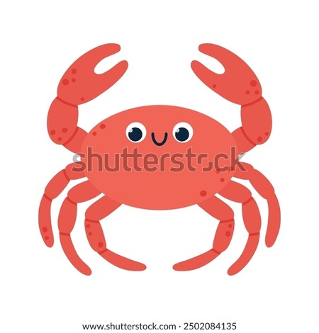 Kawaii red crab with smiling face, raised claws, cheerful expression. Sea animal. Cartoon vector illustration