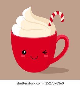 Kawaii Red Cup Of Hot Chocolate With Whipped Cream And Christmas Candy Cane. Vector Stock Flat Illustration 