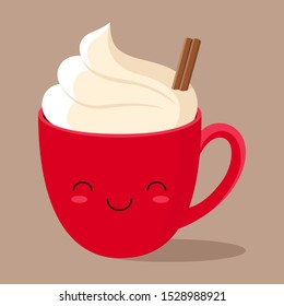 Kawaii red Cup of hot chocolate with whipped cream and cinnamon stick. Vector stock flat illustration 