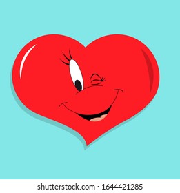 Kawaii Red Heart And Winks On The Blue Background, Cute cartoon heart character. Kawaii heart winks. Happiness heart, valentine day, vector illustration.
